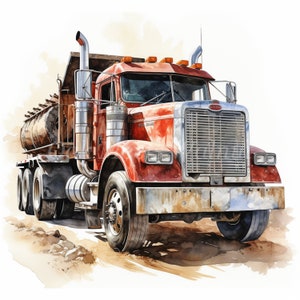 May include: A red and silver semi-truck with a large, rusty, metal tank attached to the back. The truck has a chrome grill and headlights. The truck is driving on a dirt road.