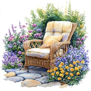Floral Garden Chair Clipart Bundle- 10 High Quality Watercolor JPGs, Printable Images Digital download, Paper Craft Junk journal Scrapbook