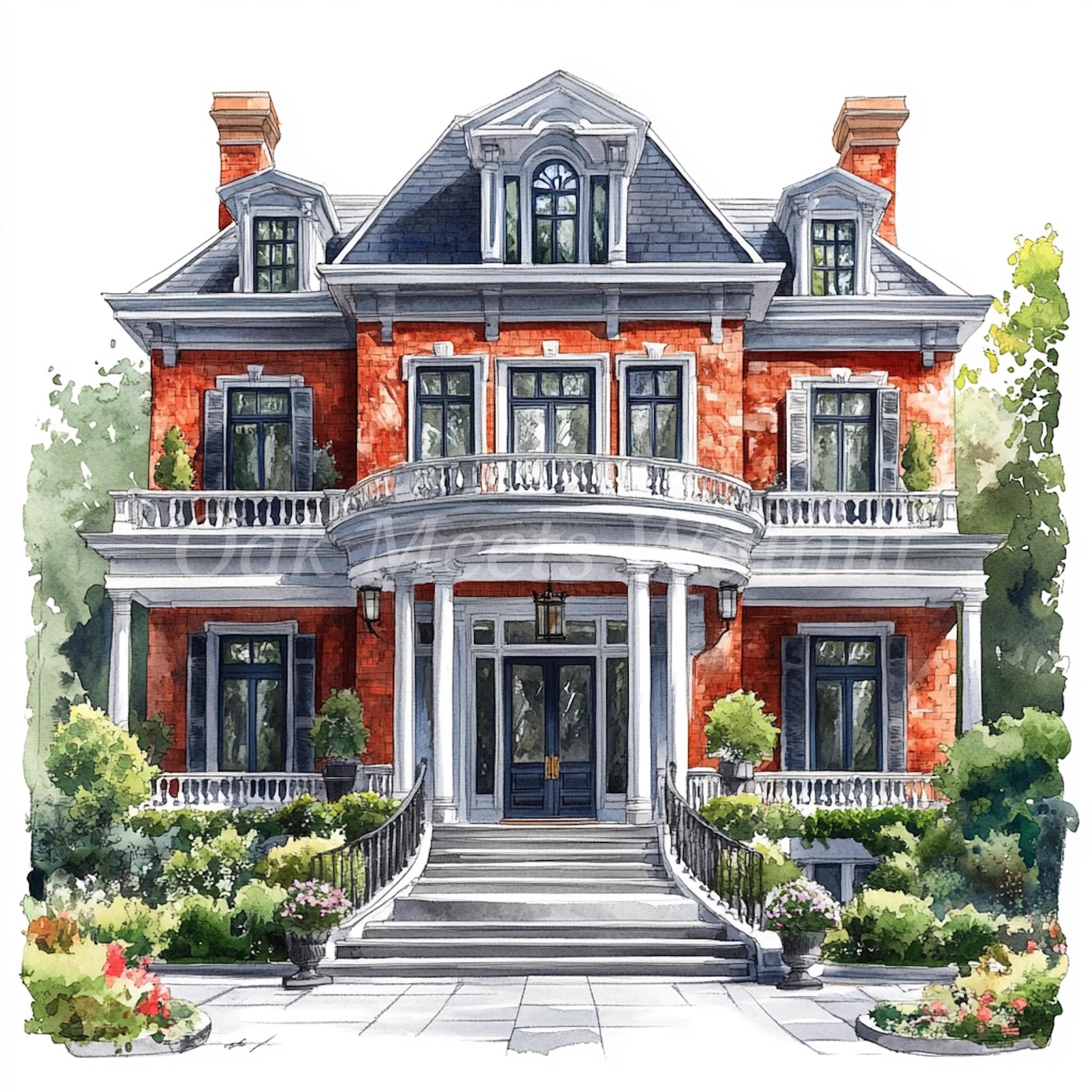 Picture of Watercolor Mansion House Clipart Bundle: Scrapbook Graphics (digital ...