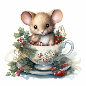 Pacchetto Clipart di Topolino di Natale in una tazza da tè - 10 JPG ad acquerello di alta qualità, file digitali, creazione di biglietti, artigianato di carta digitale, Buon Natale