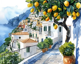 Paquete de imágenes prediseñadas de la costa italiana: 10 JPG de acuarela de alta calidad, hermosos gráficos de paisajes, sublimación, imágenes imprimibles, descarga digital