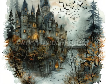 Dark Fantasy Aquarell Clipart: Schloss, Fledermäuse (Digital Download)