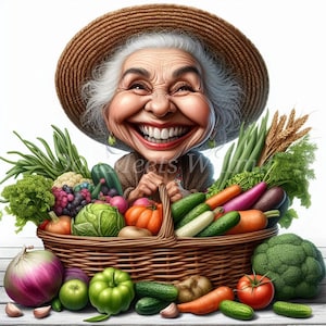 Puede incluir: Ilustración de dibujos animados de una persona mayor sonriente con un sombrero de paja, sosteniendo una cesta de mimbre llena de verduras frescas. La cesta contiene zanahorias, pepinos, tomates y brócoli.