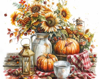 Watercolor Autumn Pumpkin & Sunflower Clipart (Digital Download)