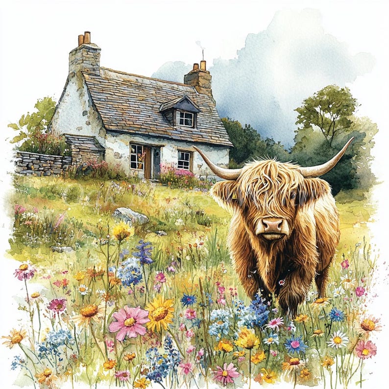 Watercolor Highland Cow Clipart Bundle: Farm Animal Illustrations ...