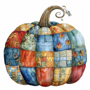 Patchwork Pumpkin Clipart Bundle- 10 High Quality Watercolor JPGs, Quilted Fabric Illustrations, Digital download,Junk journal,Quilt Images