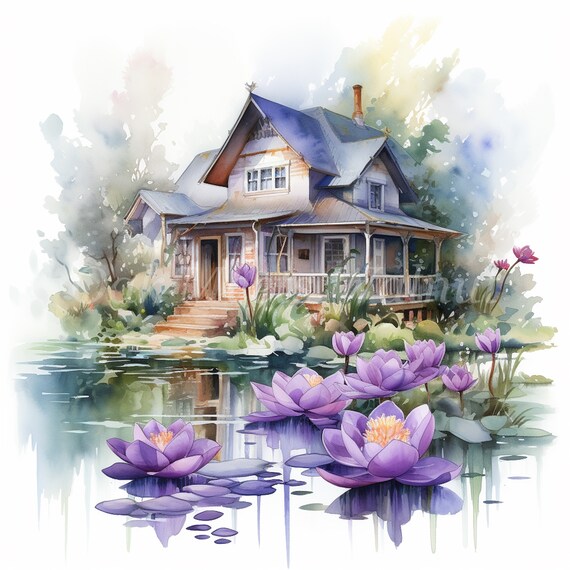 水彩画の花の庭のクリップアート：湖畔の家のイラスト（デジタル