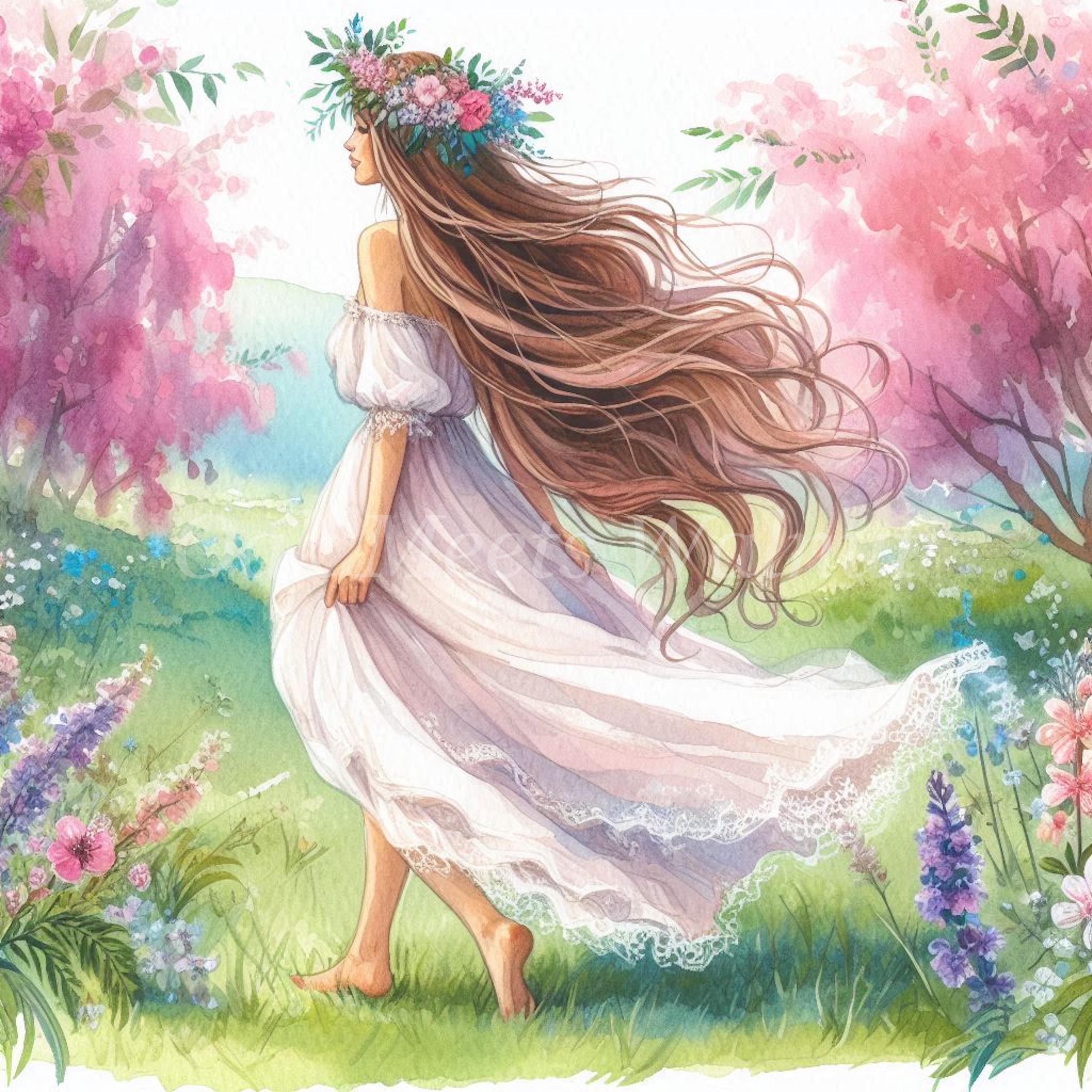 水彩画の女性クリップアート：草原の花のイラスト（デジタル
