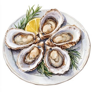 May include: A white plate with five raw oysters, a lemon wedge, and sprigs of rosemary.