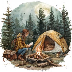 Woman Camping Clipart Bundle: Watercolor Tents, Nightfall (Digital Download)