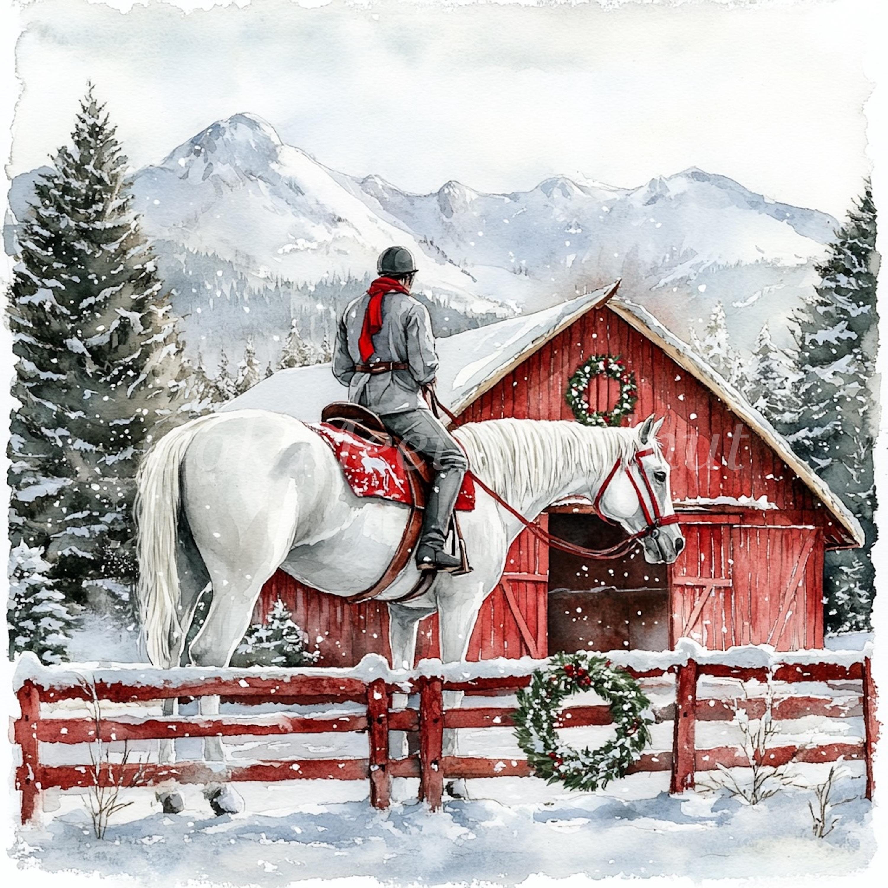 Watercolor Winter Barn Horse Clipart: Holiday JPG Bundle (digital ...