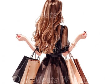 Trendig shoppingflicka i svart Clipart: Akvarell drinkillustrationer (digital nedladdning)