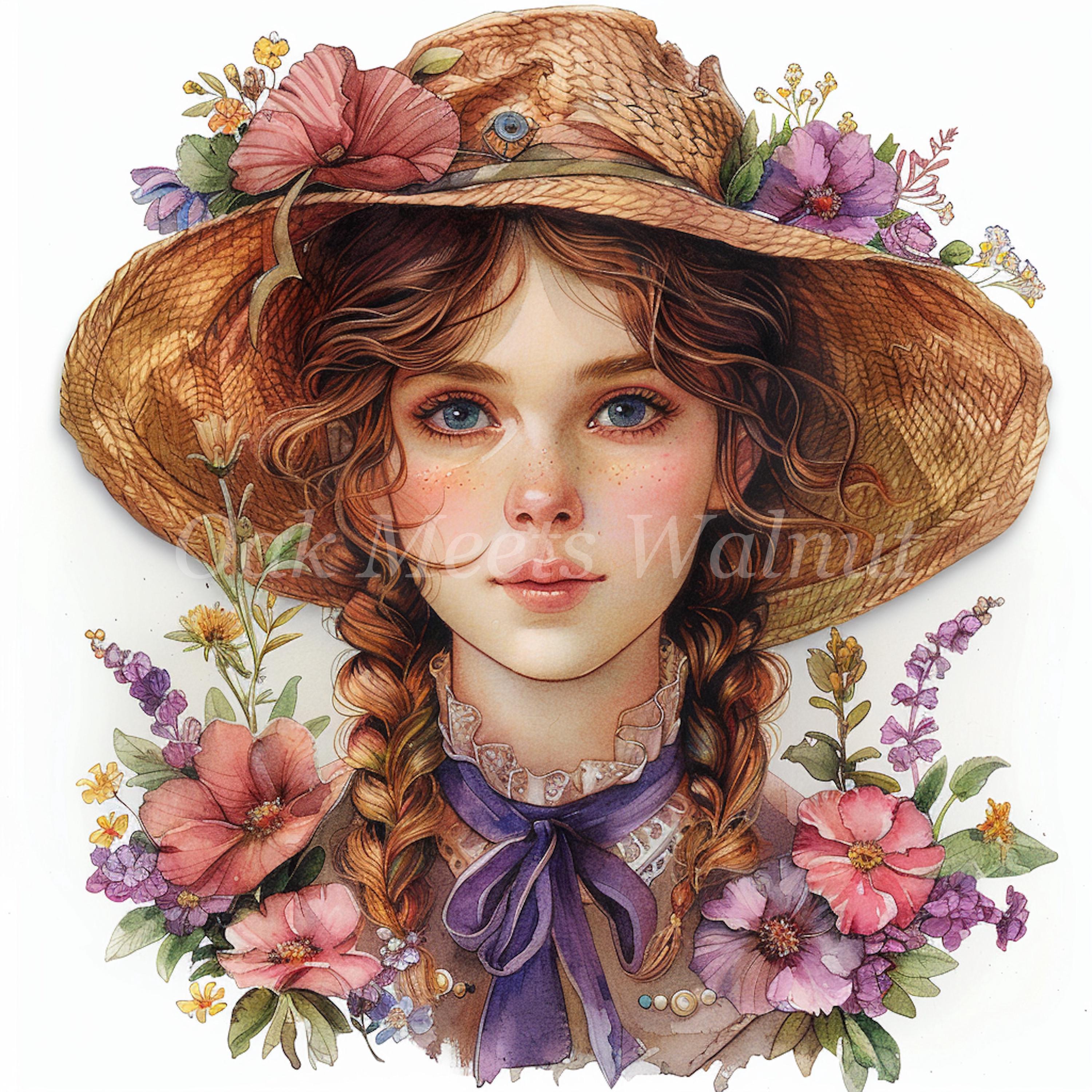 コテージコア女性の水彩画クリップアート：印刷可能なJPGバンドル