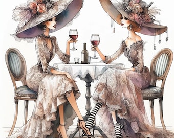 Quirky Girls Dining Watercolor Clipart: Ladies Cocktails (Digital Download)
