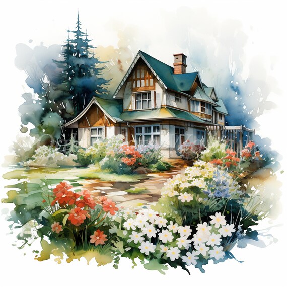 水彩画の花の庭のクリップアート：湖畔の家のイラスト（デジタル
