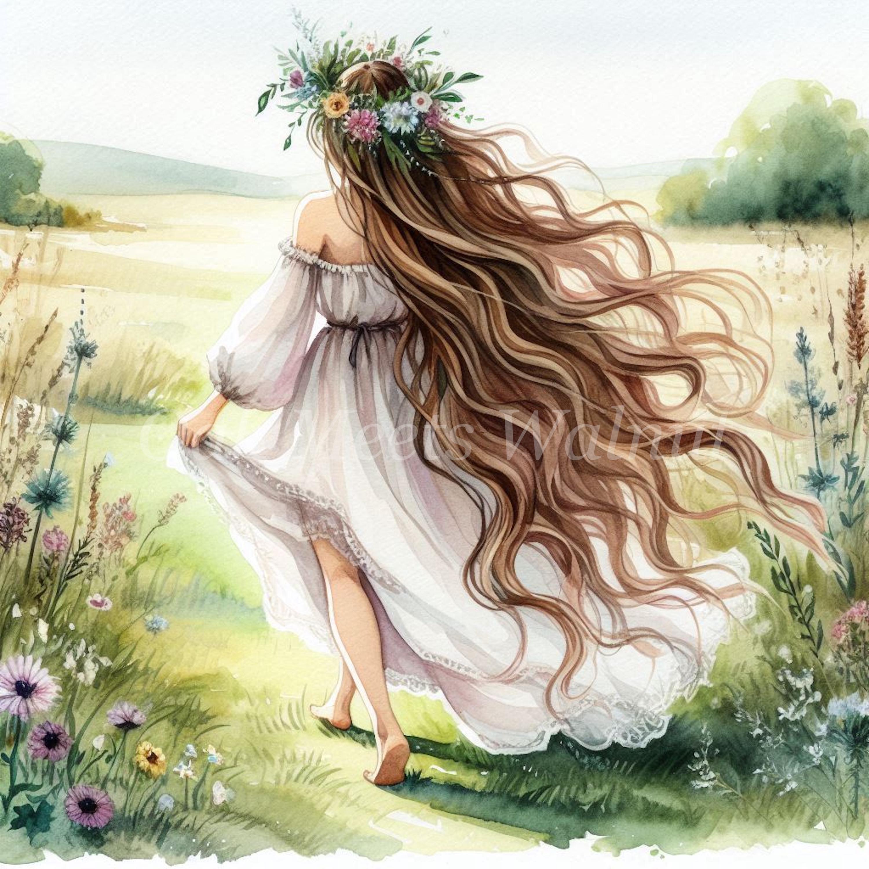 【水彩画】♦花籠を持った✞クルスの　★★少女★★ 水彩画の女性クリップアート：草原の花のイラスト（デジタル