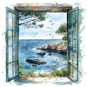 Ocean View from Window Clipart Bundle- 10 High Quality Watercolor JPGs, Card Making, Printable Images, Digital download, Craft, Junk journal