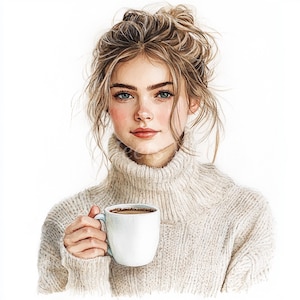 Donna che beve caffè Clipart Bundle- 10 JPG ad acquerello di alta qualità, immagini stampabili, download digitale Carta artigianale Diario spazzatura Album