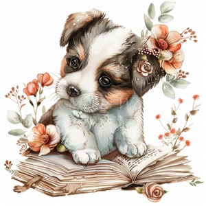 Bundle de cliparts chiot et livre magique - 10 fichiers JPG aquarelles de haute qualité, fabrication de cartes, images imprimables, téléchargement numérique, créations manuelles, journal indésirable