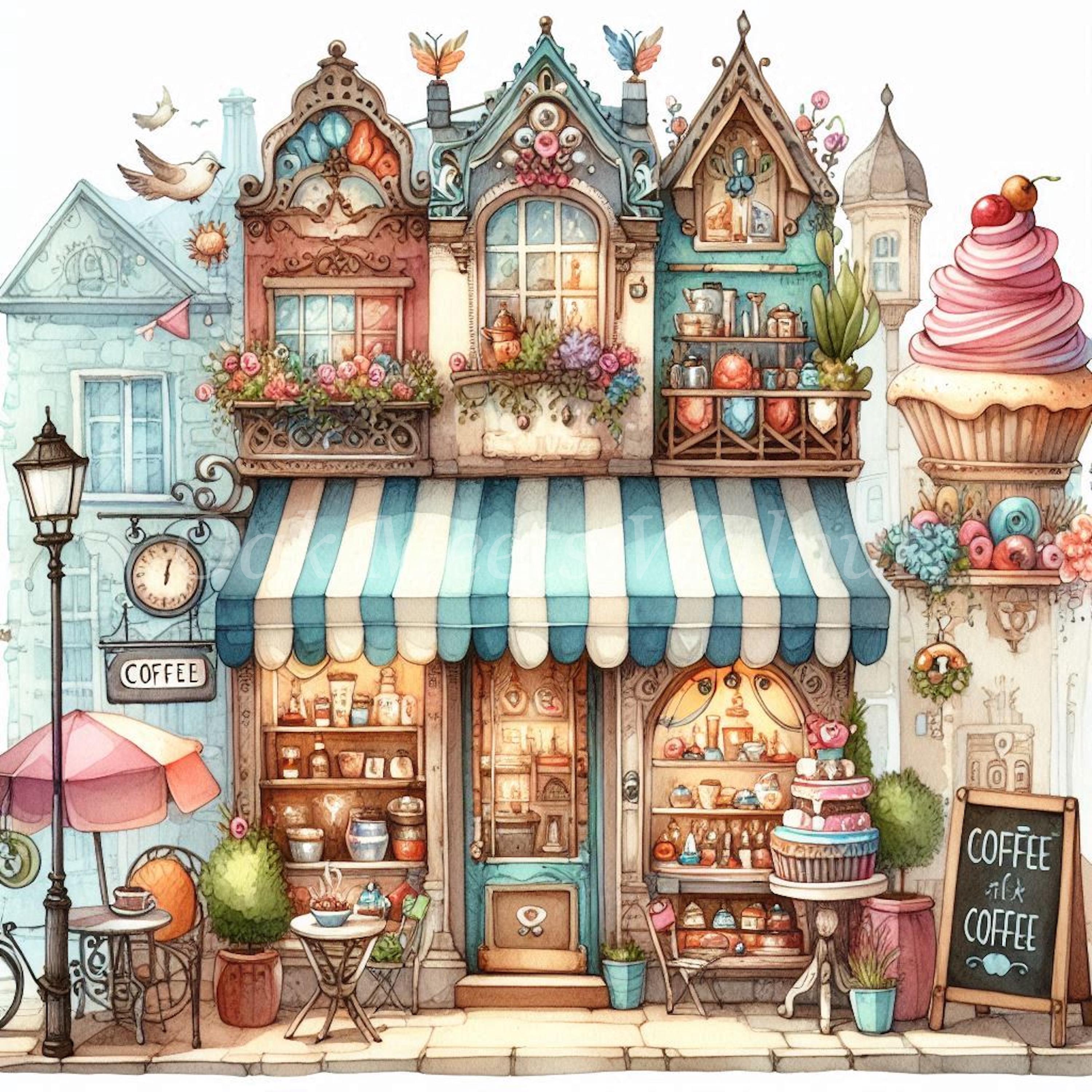 Watercolor Coffee Shop Clipart – Printable Cafe Illustrations (digital ...