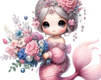 Watercolor Mermaid Clipart Bundle: Floral Nursery PNG Graphics (Digital Download)