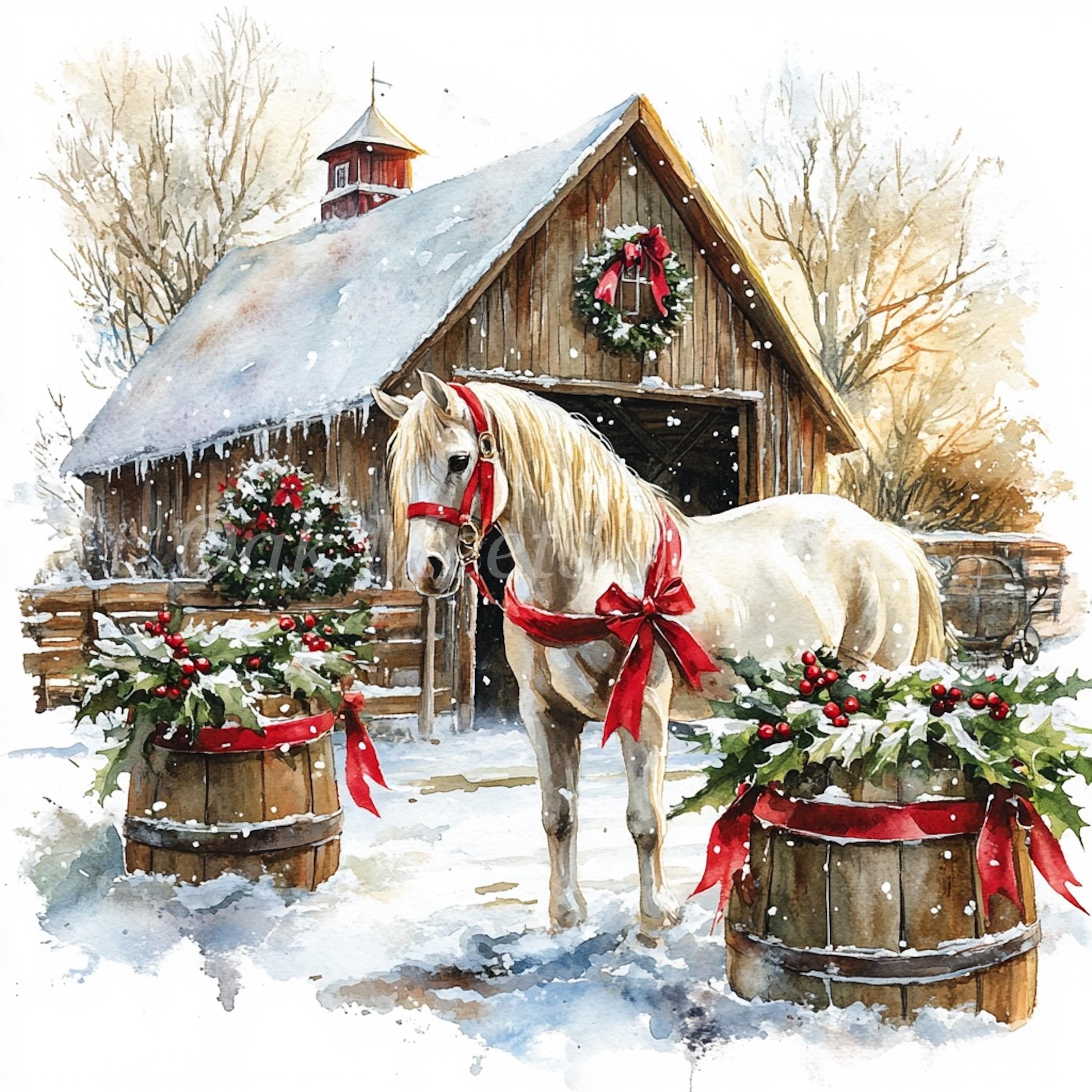 Watercolor Winter Barn Horse Clipart: Holiday JPG Bundle (digital ...
