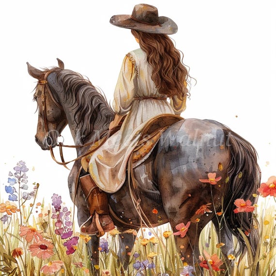 水彩画「馬に乗る女性」クリップアート：花柄の馬アート（デジタル