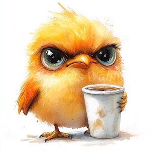 Mürrische Vögel trinken Kaffee - 10 hochwertige Aquarell JPGs, Papierhandwerk, Junk-Journal, kommerzielle Nutzung, Scrapbooking, druckbare Bilder