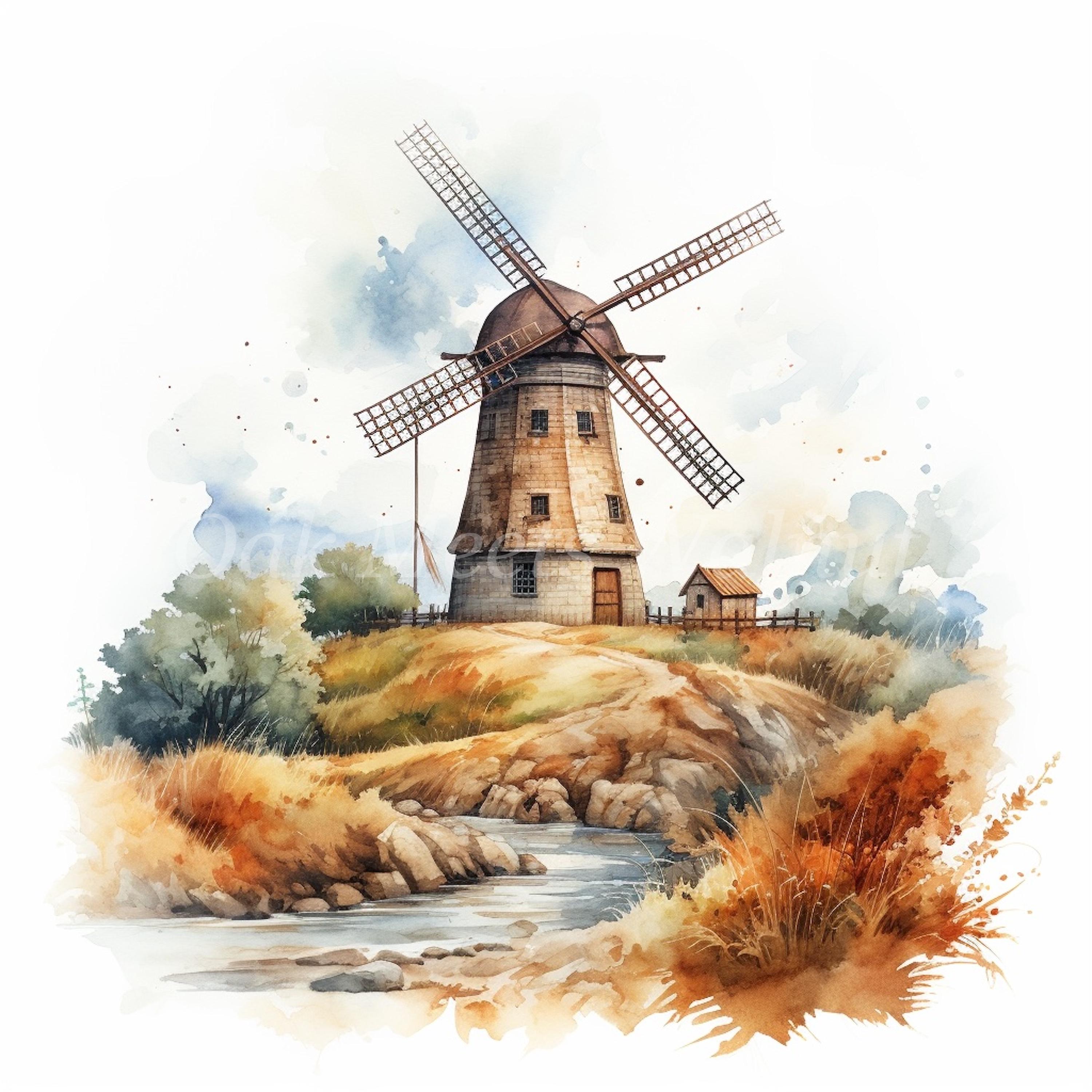 水彩画 風車の風景 オランダの世界遺産 キンデルダイクの風車のある風景水彩画のイラスト 絵画