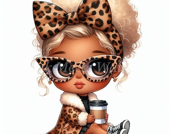 Chic Girl Watercolor Clipart: Leopard Bow Fashion Graphics (Digital Download)