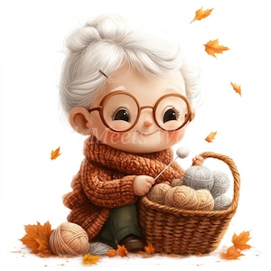 Senior Lady Knitting Clipart: Watercolor Art Bundle (Digital Download)
