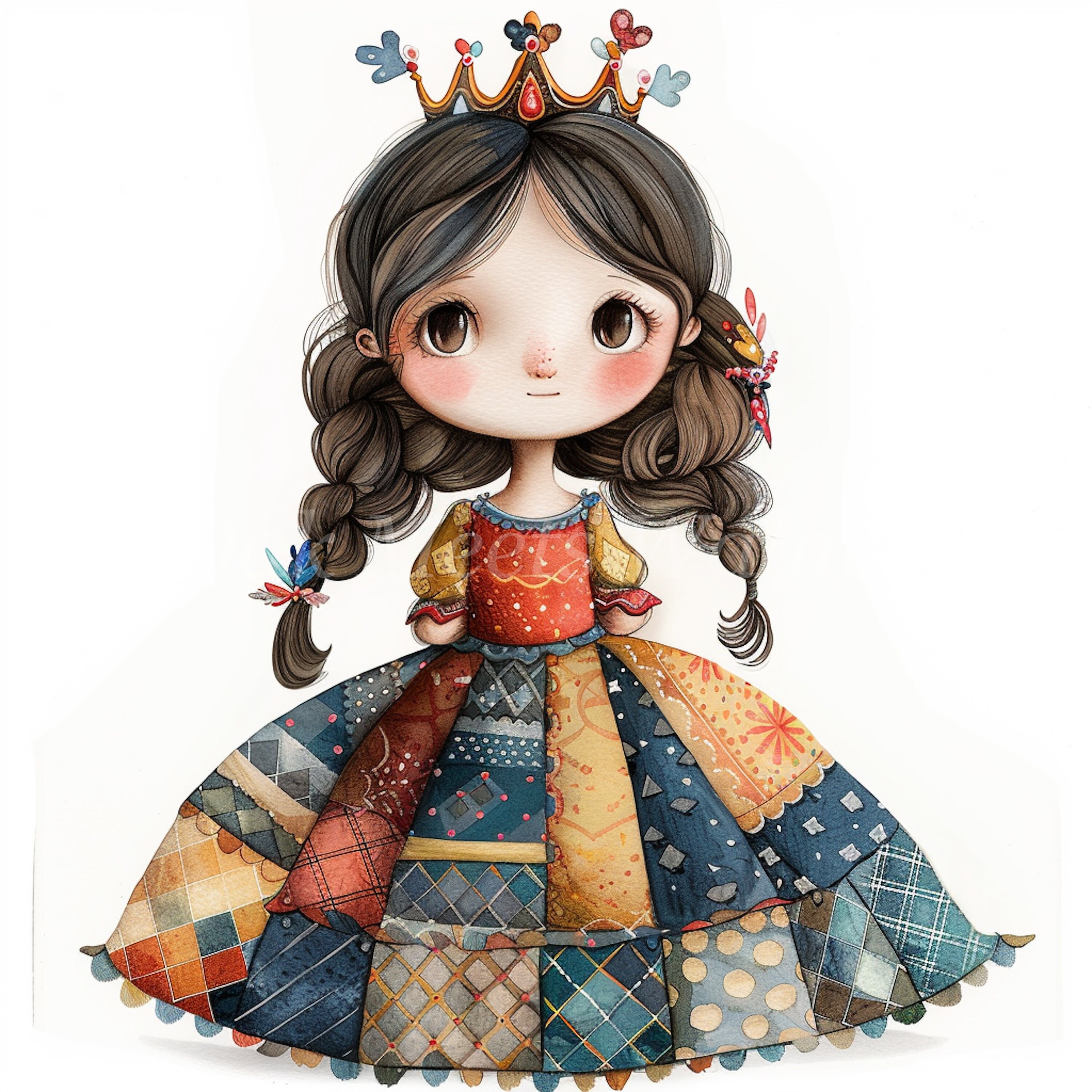 Patchwork Princess Watercolor Clipart: Quilt Fabric Illustrations ...