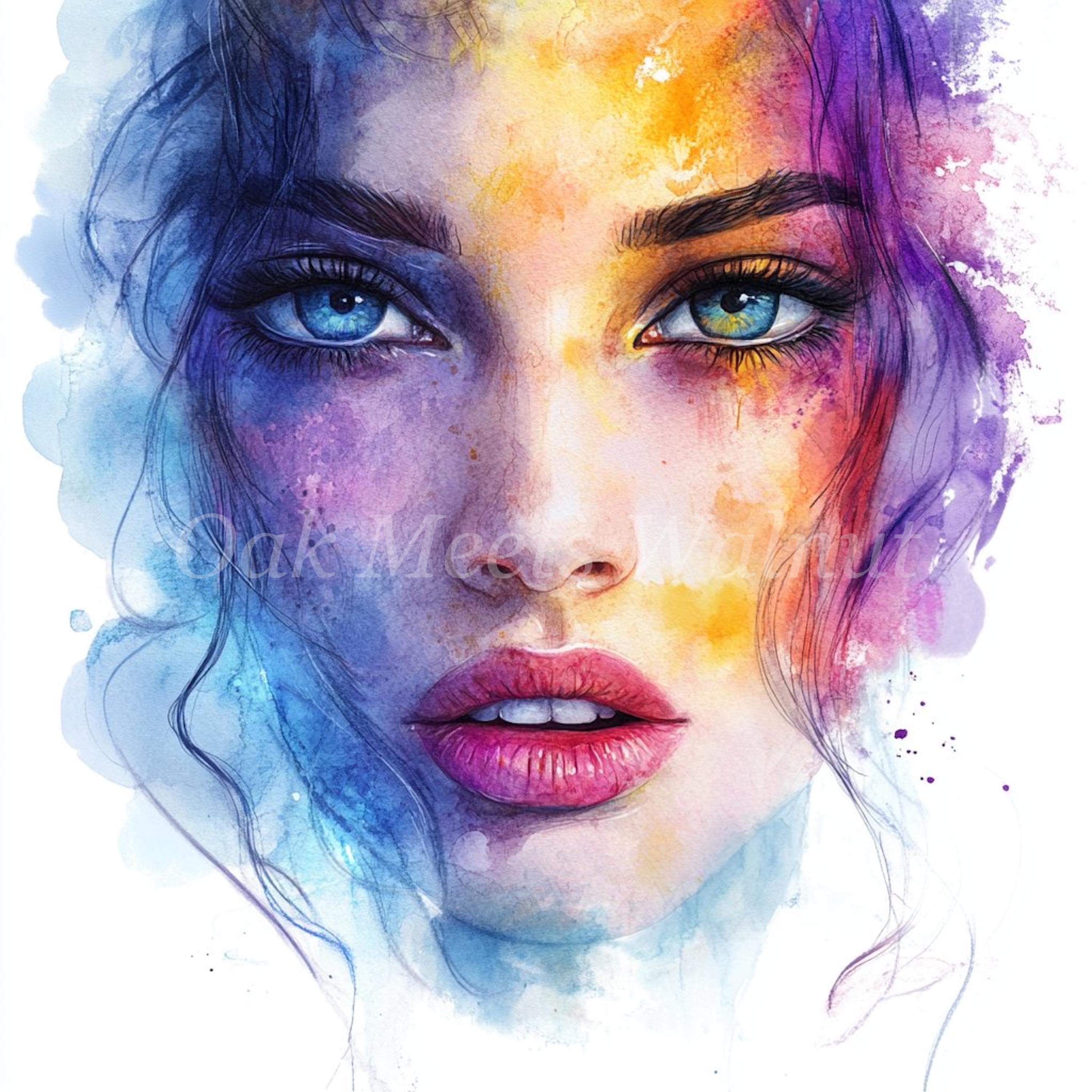 水彩画の女性の顔アート：印刷可能なイラスト（デジタルダウンロード