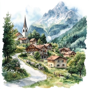 May include: A watercolor painting of a small village nestled in a valley surrounded by mountains. The village has a church with a tall steeple and several houses with red roofs. The mountains are covered in snow and trees. The painting is done in a realistic style with soft colors.
