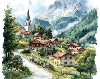 Paquete de imágenes prediseñadas de pueblos de los Alpes suizos: 10 archivos JPG de acuarela de alta calidad, imágenes imprimibles, descarga digital, manualidades de papel, diario basura, álbum de recortes