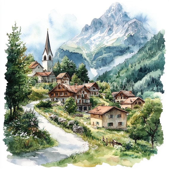 スイスアルプスの村の水彩画クリップアートバンドル（デジタル