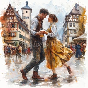 May include: A couple dances in a cobbled street in front of a historic building. The man is wearing a brown waistcoat and holding a glass of beer. The woman is wearing a yellow dress. The scene is painted in a watercolour style.