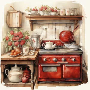 Shabby Chic Retro Red Kitchen Clipart Bundle- 10 High Quality Watercolor JPGs- Crafting, Journaling, Scrapbook Supply, Digital Download