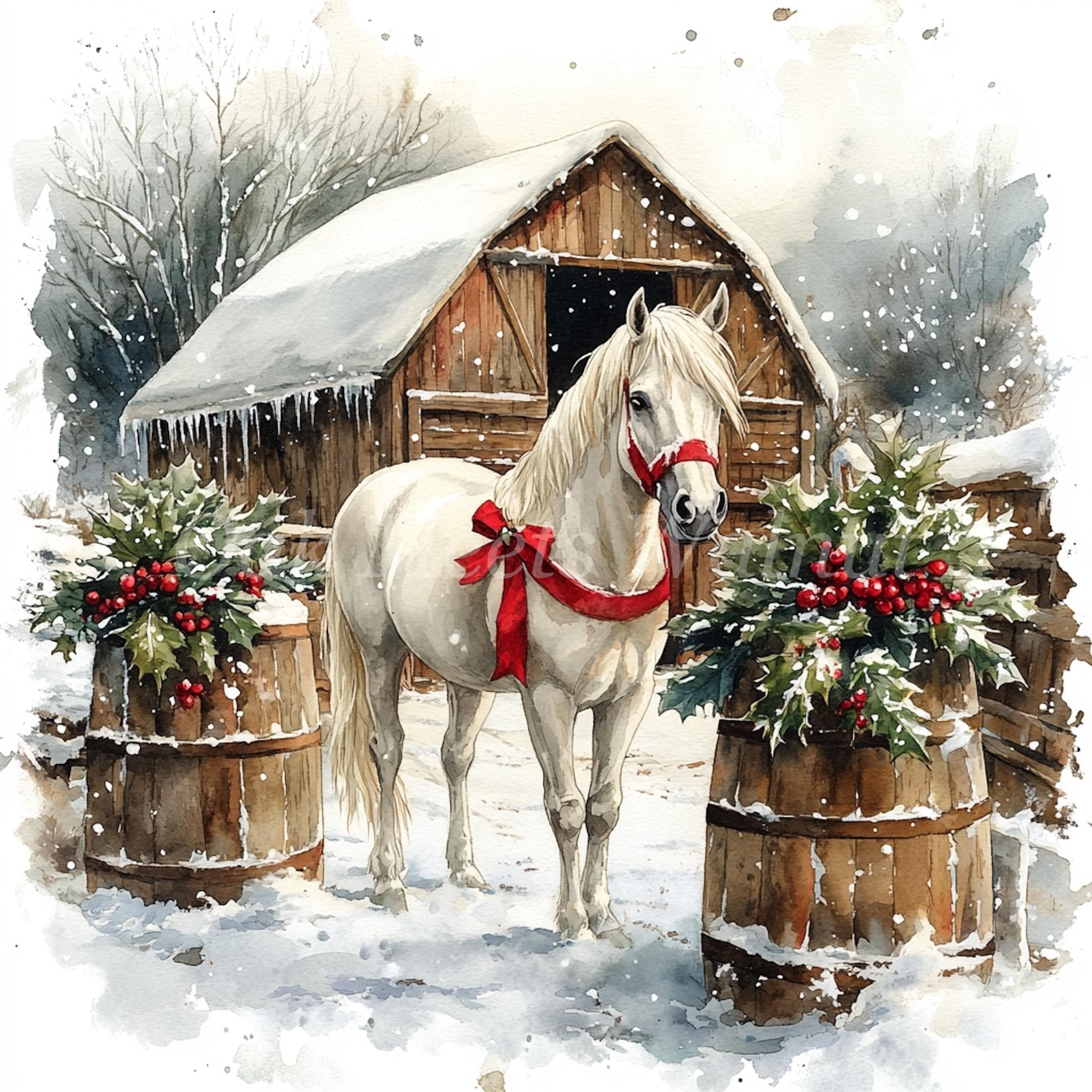 Watercolor Winter Barn Horse Clipart: Holiday JPG Bundle (digital ...