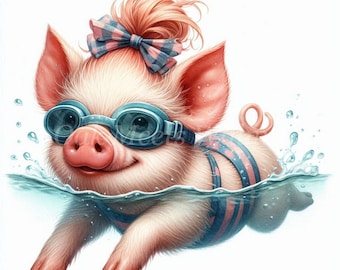 Pig Swimming Watercolor Clipart Bundle (Digital Download)