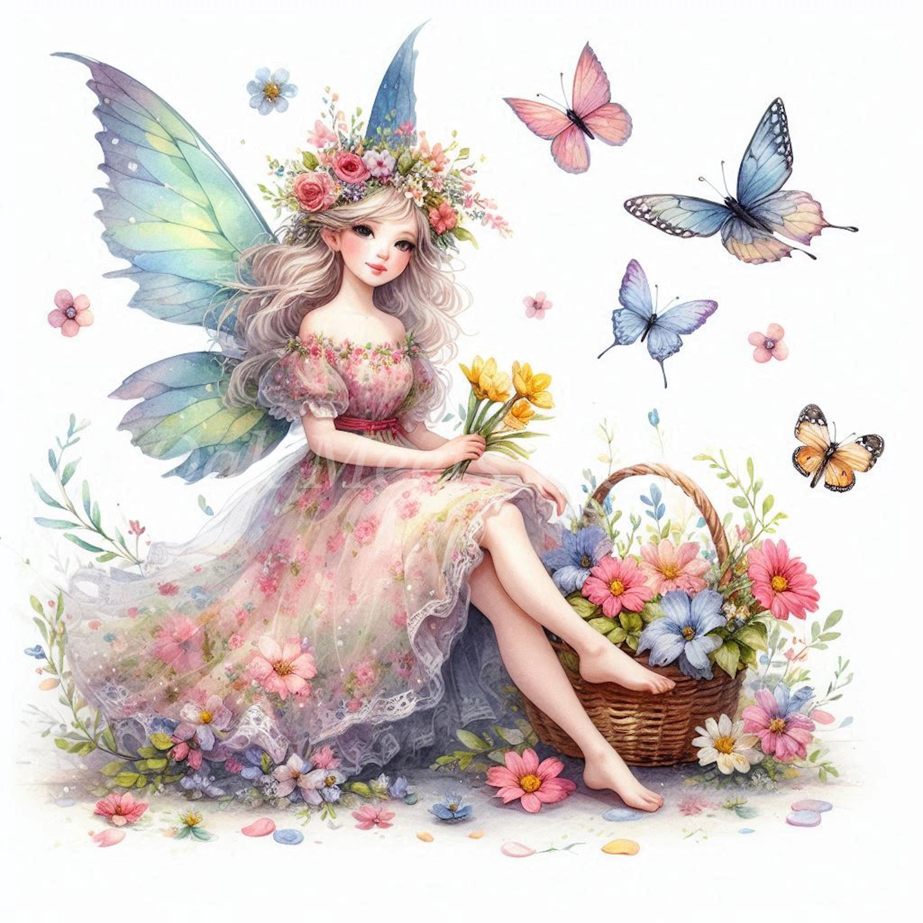 水彩画の春の妖精のクリップアート - 花柄の少女のイラスト（デジタル