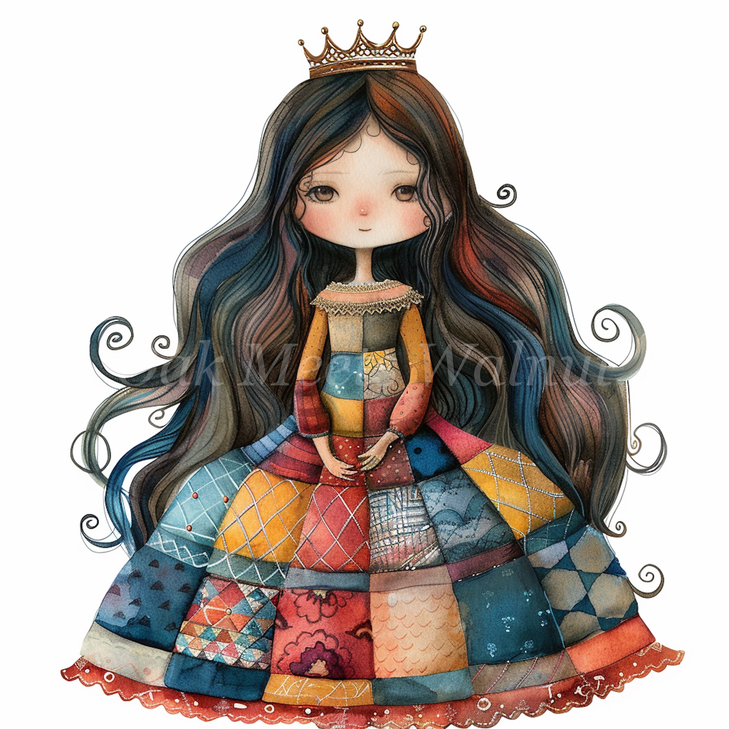 Patchwork Princess Watercolor Clipart: Quilt Fabric Illustrations ...