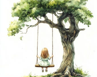 Watercolor Girl on Swing Clipart: Scrapbook JPG Bundle (Digital Download)