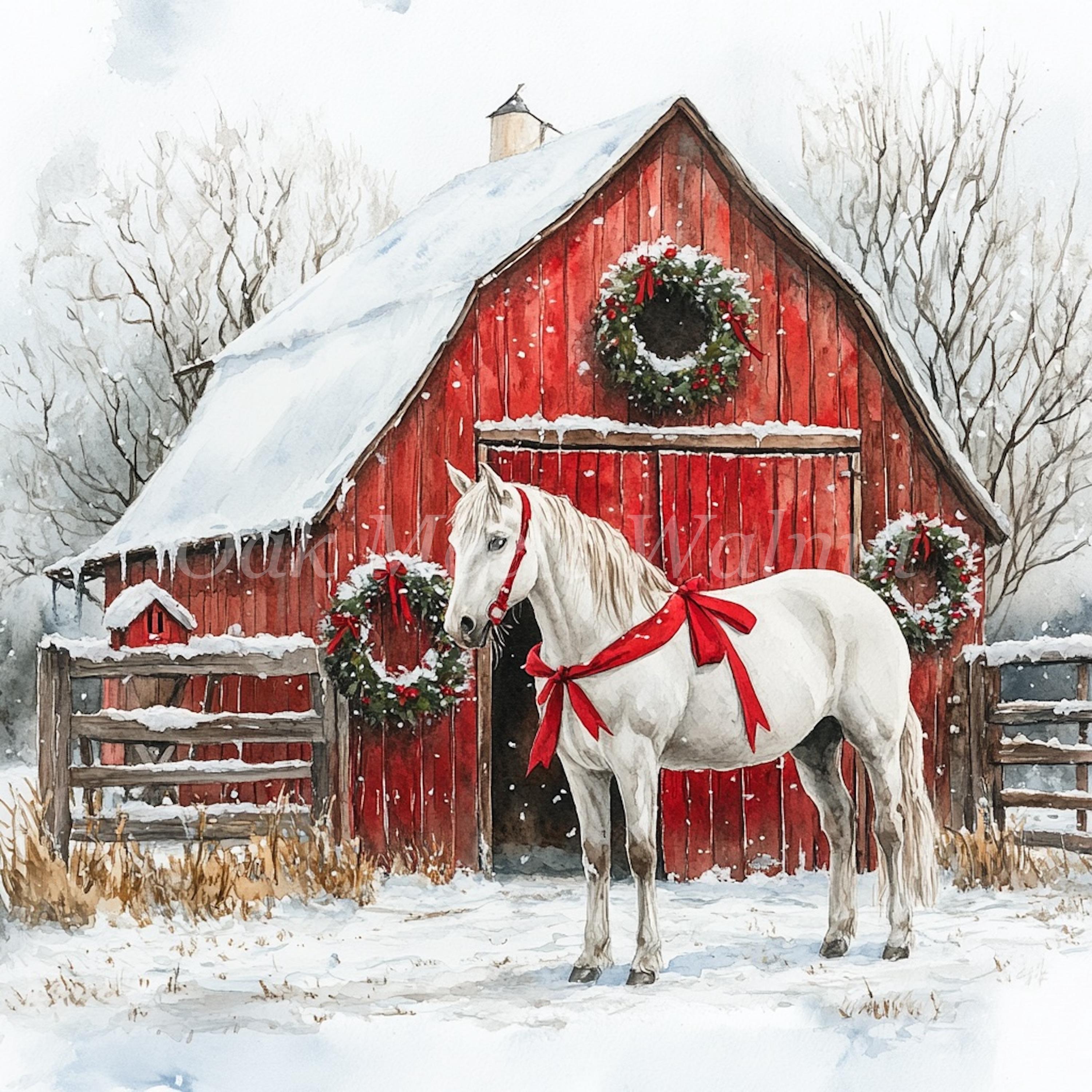 Watercolor Winter Barn Horse Clipart: Holiday JPG Bundle (digital ...