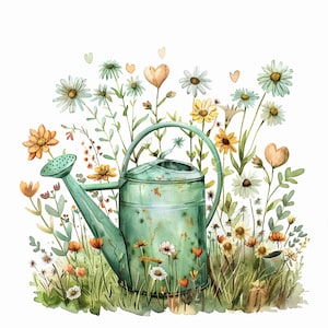 Flowers in Green Watering Can Clipart Bundle- 10 High Quality Watercolor JPGs, Beautiful Floral Digital download, Junk journal, Scrapbooking