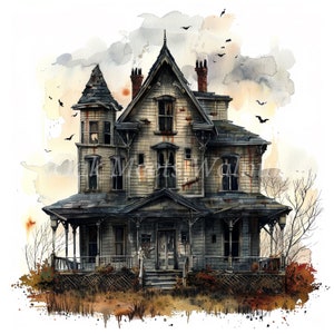 Haunted House Clipart Bundle- 10 High Quality Watercolor JPGs, Halloween Images, Horror Gaphics Digital download, Junk journal, Scrapbooking