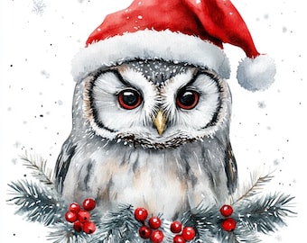 Watercolor Christmas Owl Clipart: Holiday Scrapbooking (Digital Download)