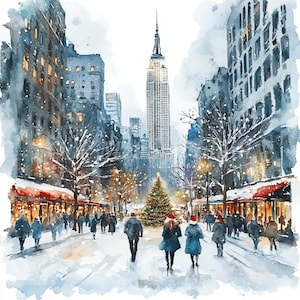 Natale a New York Set 1 Clipart Bundle-10 JPG ad acquerello di alta qualità, download digitale stampabile Card Making, Junk Journal Scrapbook