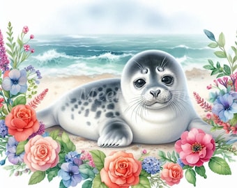 Seal Clipart Bundle: Watercolor Sea Lion with Flowers (Digital Download)