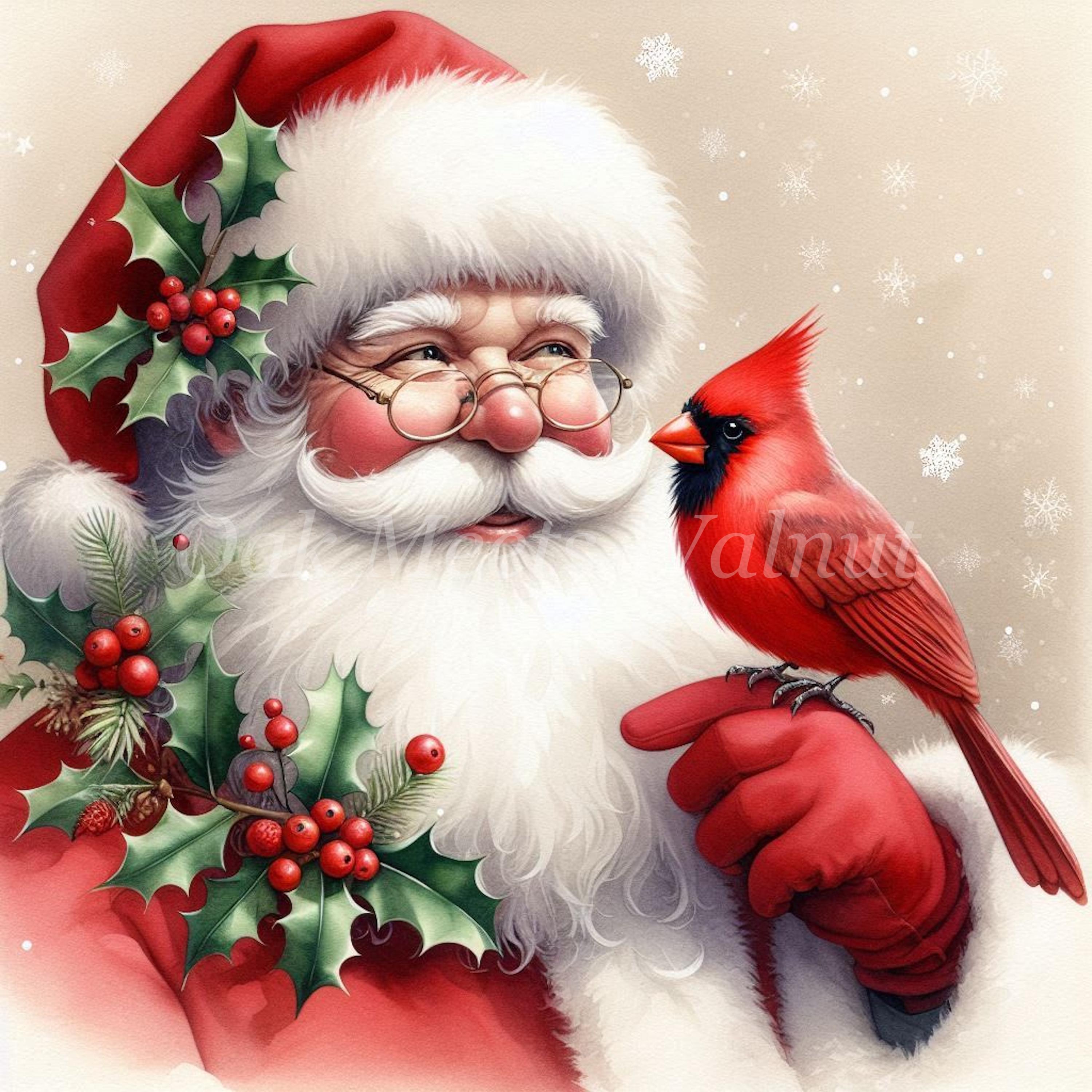 Vintage Santa Cardinal Clipart: Watercolor Christmas Illustrations ...